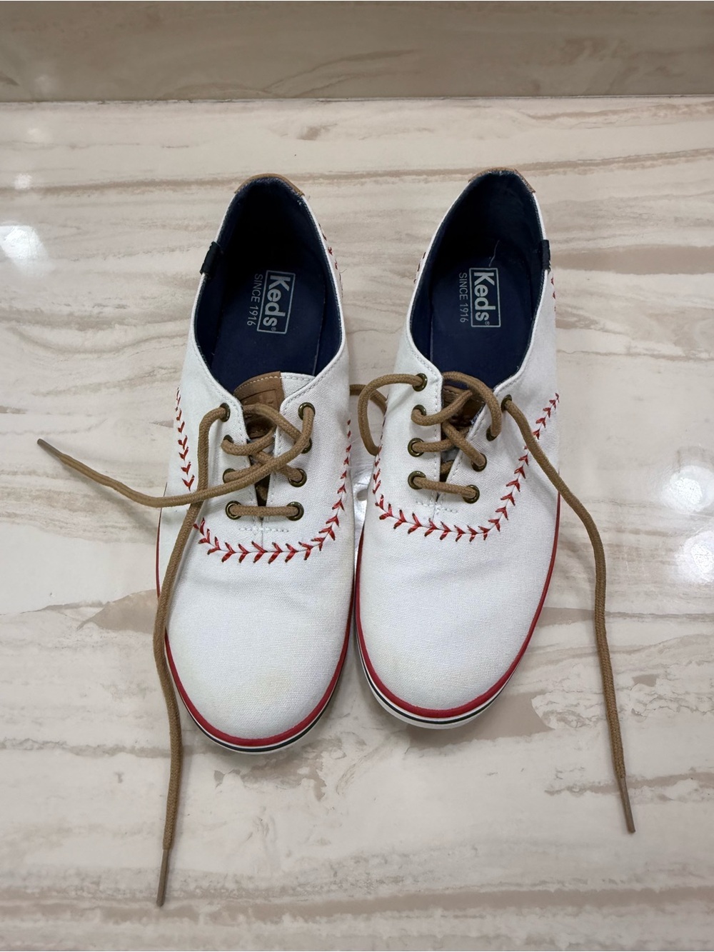 Keds White Canvas Sneakers with Red Stitching and Tan Laces